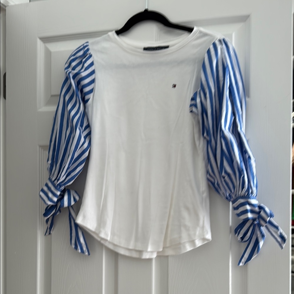 Tommy Hilfiger White Top with Blue Striped Sleeves